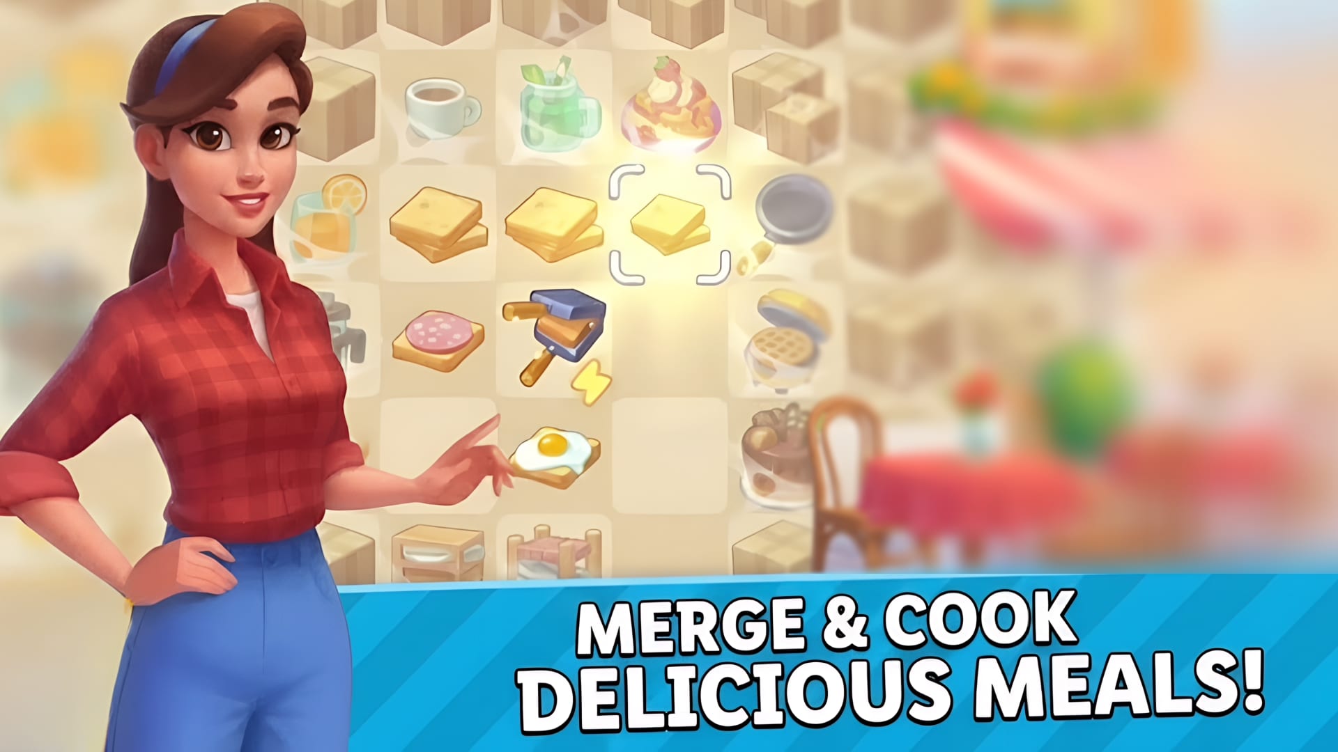 Piece of Cake gameplay — Emily at the cooking table merging two pieces of toast into a new dish on the merge board