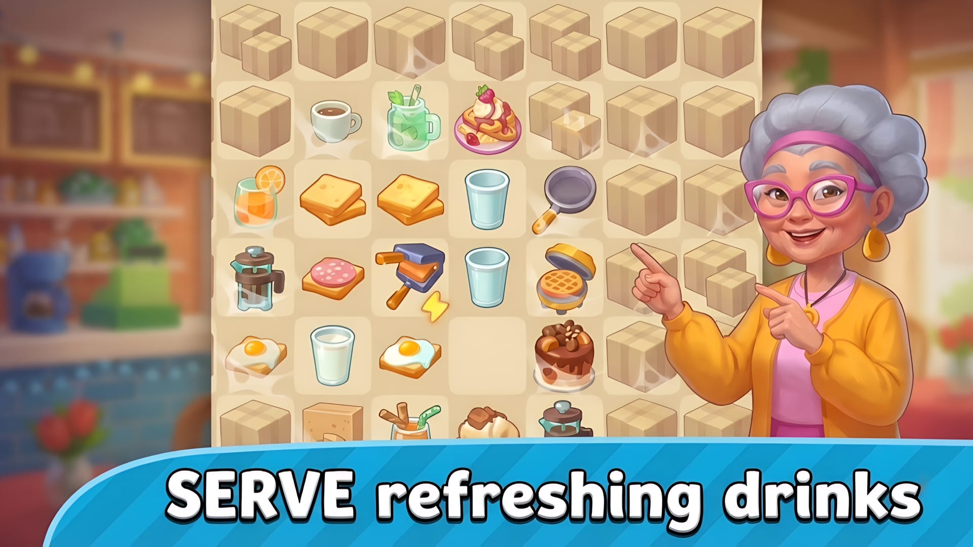 Piece of Cake — the merge board filled with drinks and desserts: coffee, lemonade, mojito, waffles and cakes ready to serve